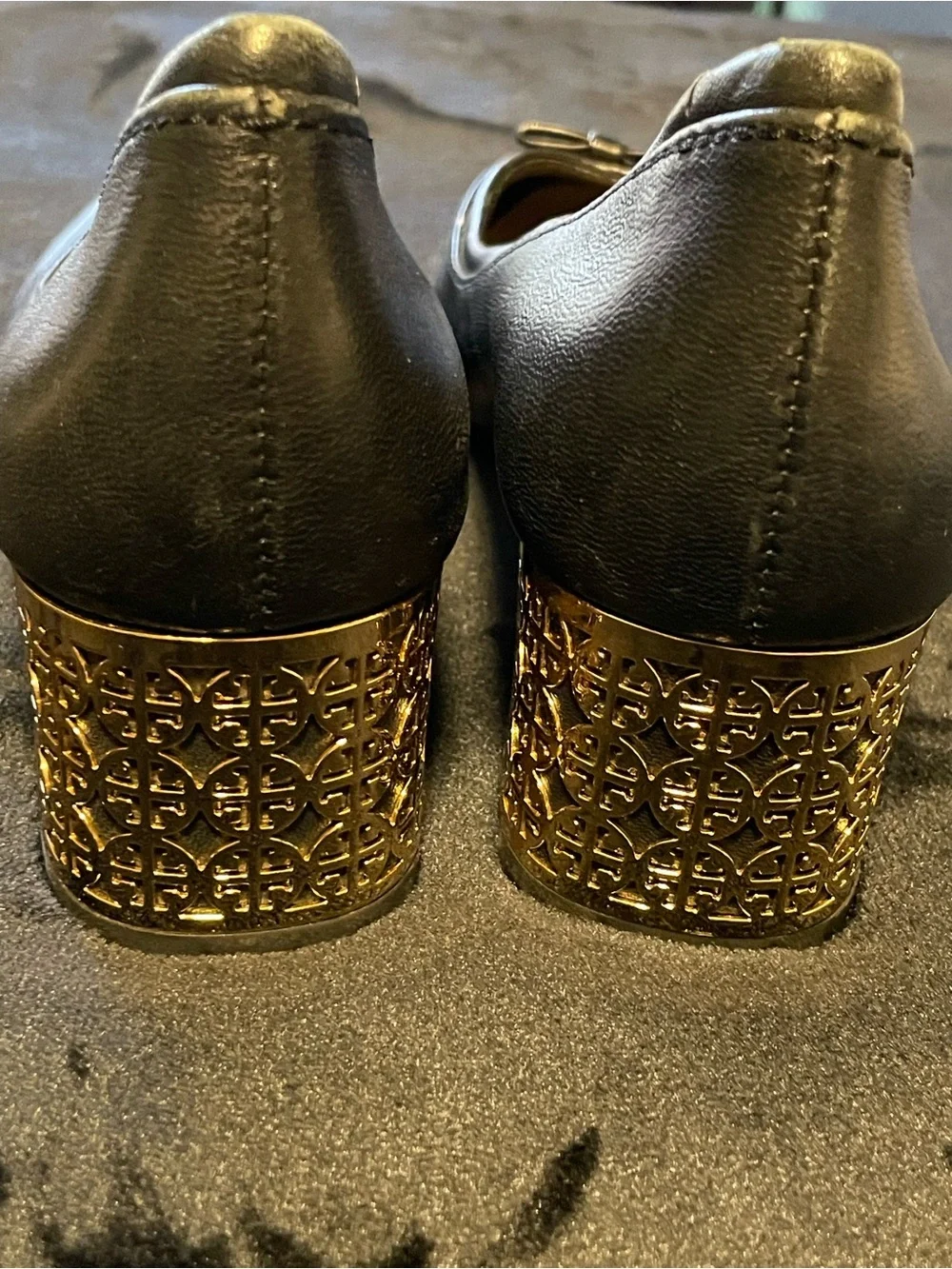 Tory Burch Elegant Classic Black Leather Block Heel Pumps with Decorative Heel